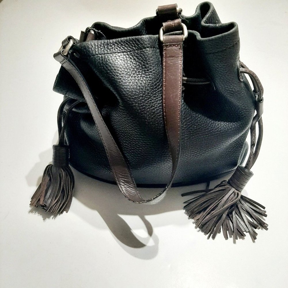 COLE HAAN Black & Brown Leather Drawstring Hobo Bucket Chunky Tassel Handbag